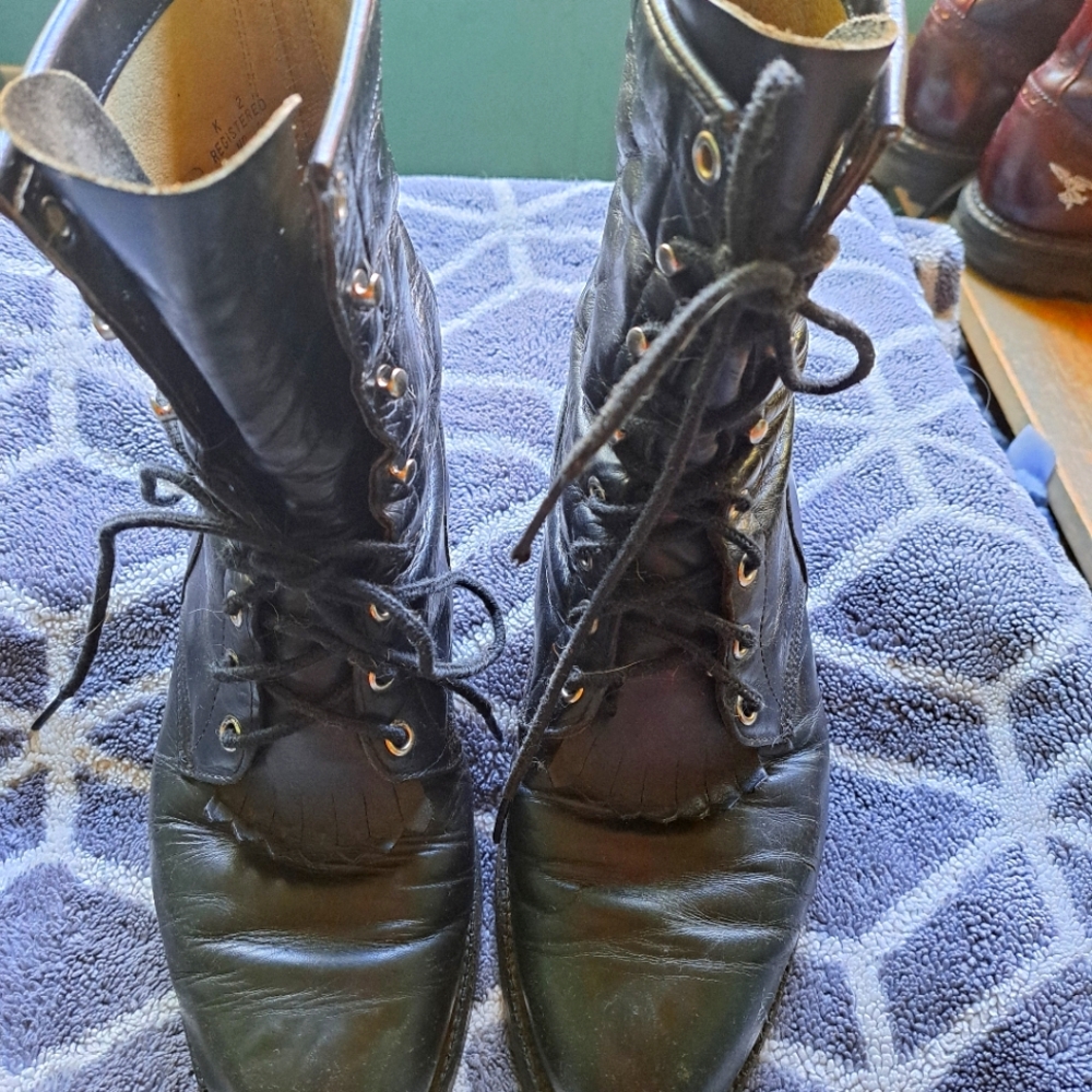 Vintage Justin Black Leather Roper Style Lace Up Boots